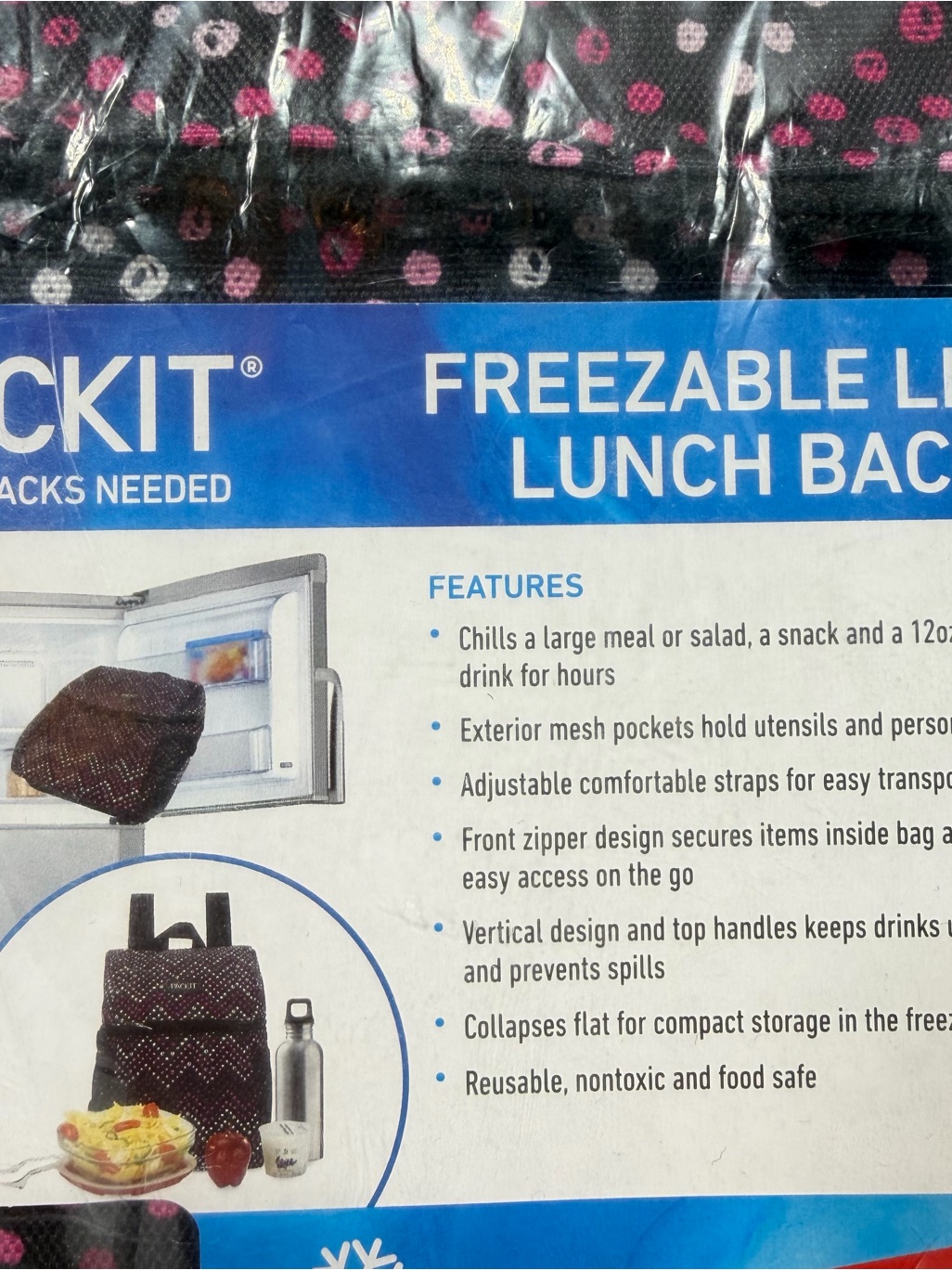 Packit Freezable Lunch Bag Backpack Cooler Black Pink Polka Dots Pba Pvc Free — image 5 of 8